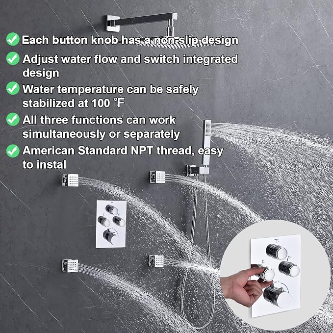 Push Button 3 Way Thermostatic Shower Diverter Valve, Concealed 3 Outlet Multi - Image 4