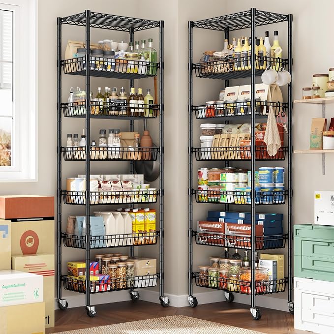 7 Tier Wire Shelving Unit with Wheels 72" H Adjustable Basket Shelf Storage - Image 3