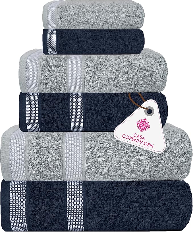 CASA COPENHAGEN Solitaire Mix 6 Pieces Towel Set- Navy Blue + Grey Violet by CASACOPENHAGEN