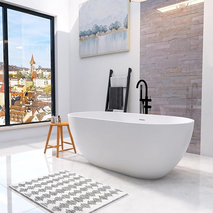 59 Inch Freestanding Bathtub Oval Shaped Solid Surface Resin Stone soaker - Image 5