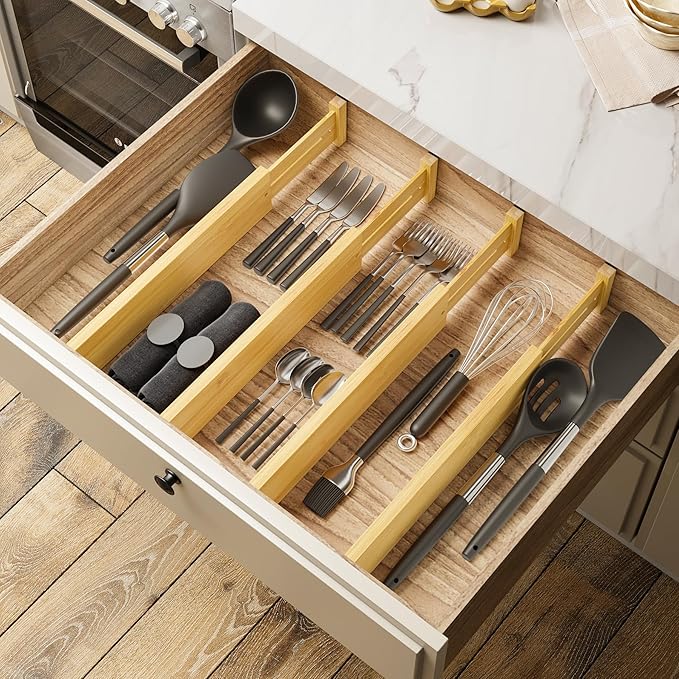 BAMEOS 4 pcs 3" High Bamboo Drawer Dividers Adjustable Drawer Organizer - Image 4