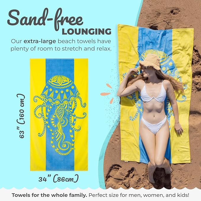 Nova Blue Jellyfish Beach Towel – Tropical Blue & Yellow Colors - Image 3