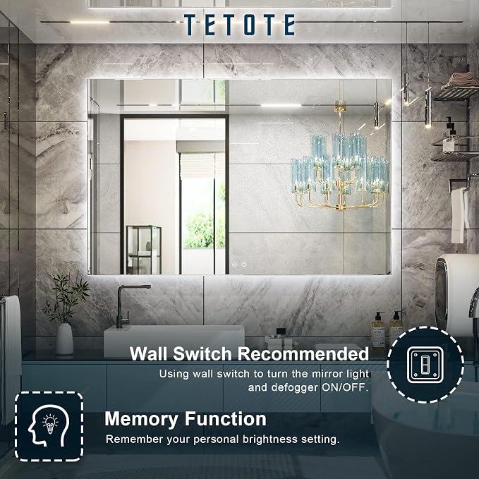 TETOTE 55 x 36 Inch LED Mirror Bathroom Backlit, Anti Fog, Vanity Lighted Mirror - Image 5