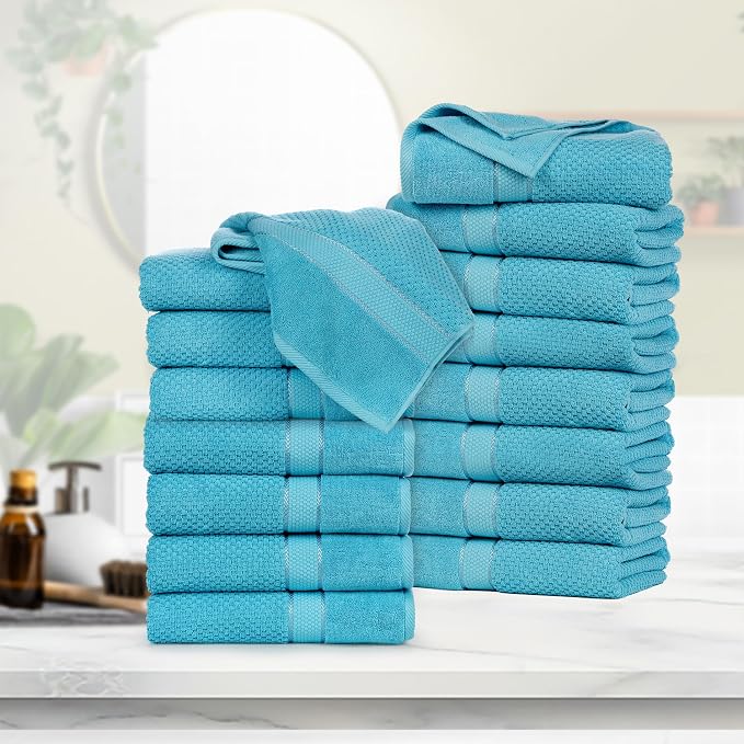 Ample Decor Bath Towels for Bathroom Set of 16 100% Cotton Sky Blue Popcorn - Image 2