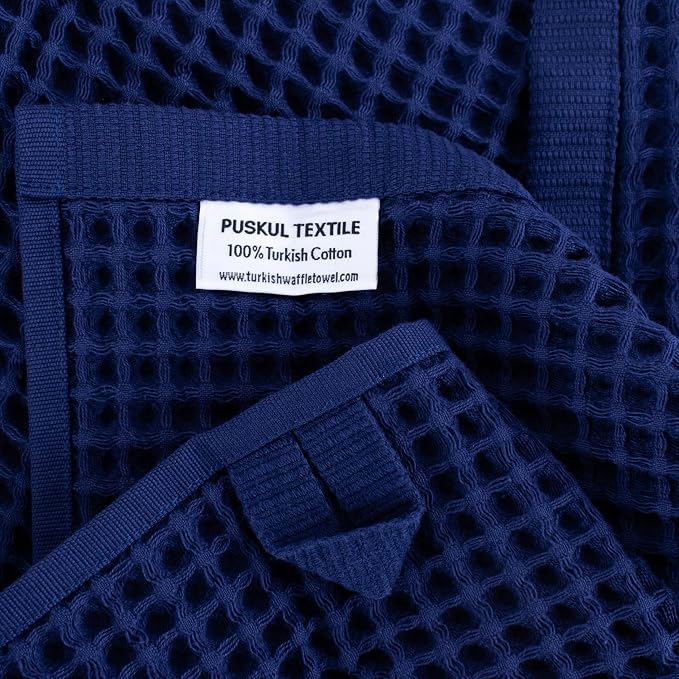 PÜSKÜL Organic Waffle Kitchen Towel 100% Turkish Cotton Set of 3 Navy Blue - Image 3