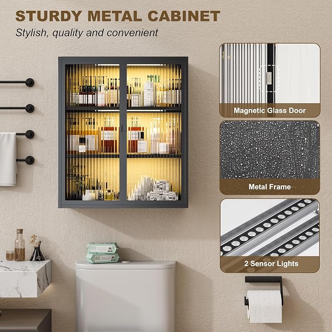 Bathroom Wall Cabinet with Glass Doors, Metal Medicine Cabinet with LED Light - Image 5