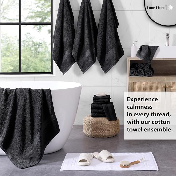 LANE LINEN 100% Ring Spun Cotton Black Bath Towel Set, 8 Washcloths, 4 Shower - Image 3