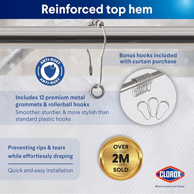 Clorox 2-in-1 Bathroom Shower Curtain Liner w Metal Hooks, Durable Fabric - Image 5
