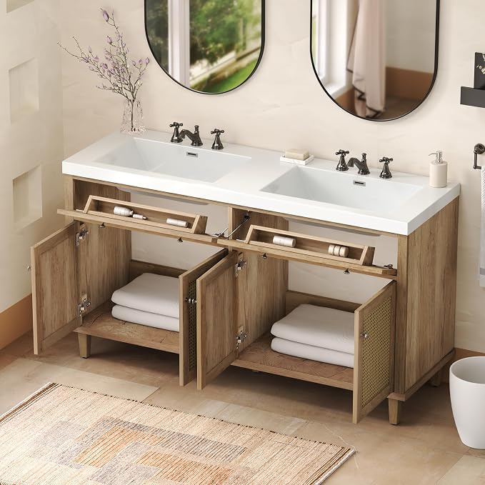 60" Bathroom Vanity with SMC Double Sink, Modern Large Storage Space with 2 - Image 3