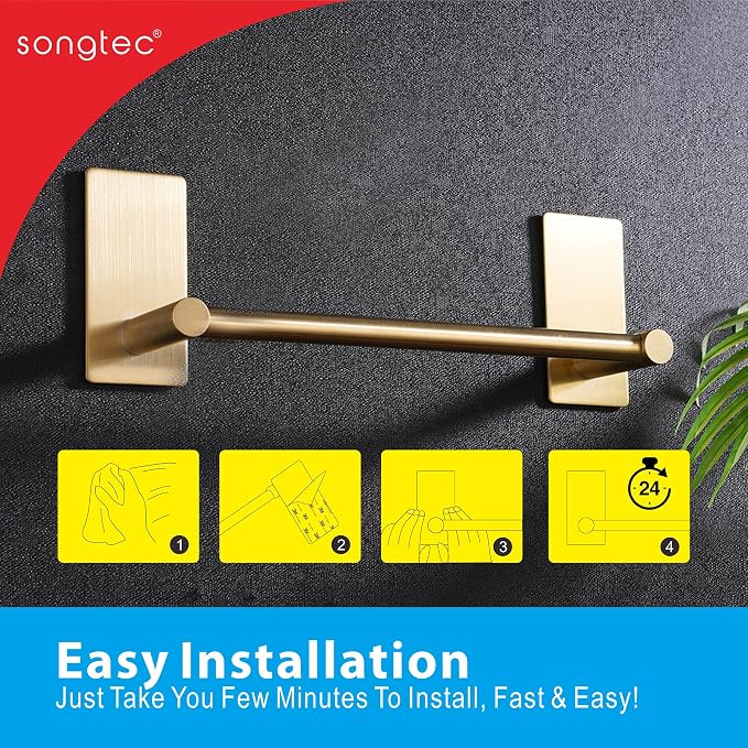 Songtec Gold Towel Bar 12-Inch, Adhesive Stick On Bath Towel Rack No Drill - Image 8
