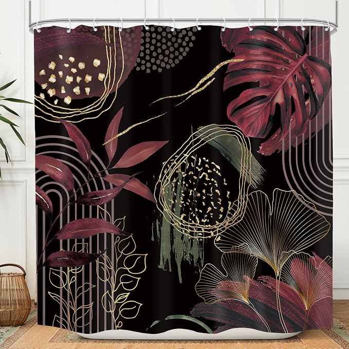 Black Burgundy Boho Shower Curtain 72Wx72H Mid Century Modern Abstract by MitpokBrand