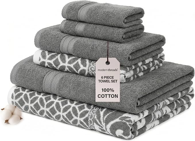 Modern Threads Trefoil Filigree 6-Piece 100% Cotton Towel Set – Reversible Yarn by ModernThreads
