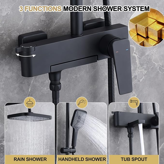 Shower Systems with 12 x8 Inches Rain Shower Head, Matte Black Exposed Pipe - Image 3