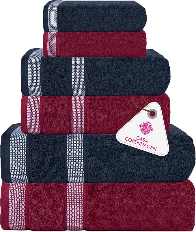 CASA COPENHAGEN Solitaire Mix 6 Pieces Towel Set- Navy + Burgundy, 600 GSM by CASACOPENHAGEN