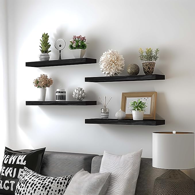 Black Wood Floating Shelves for Wall Rustic Wall Shelves for Bedroom Set of 6 - Image 3