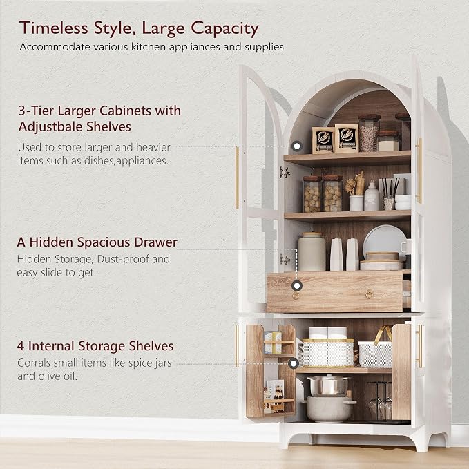 71" Tall Arched Kitchen Pantry, Mid-Century Pantry Cabinet - Image 4