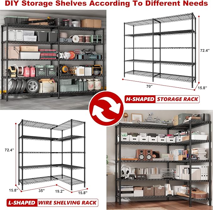 REIBII 70" W Storage Shelves Load 1600LBS, Metal Shelving 5-Tier Wire Shelving - Image 7