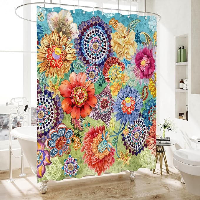 Bohemian Shower Curtain, Boho Floral Print Water Repellent Polyester Fabric - Image 2
