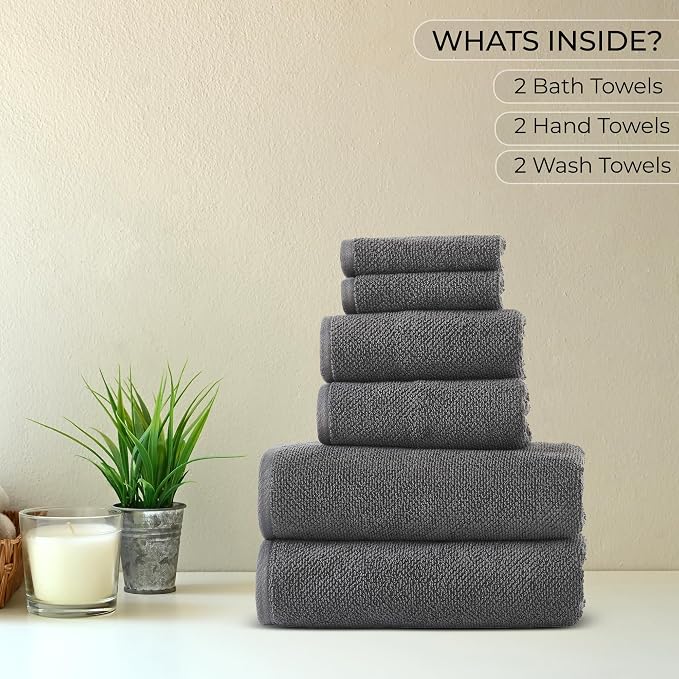 6 Piece Towel Set, 680 GSM 100% Cotton, 2 Hand Towels, 2 Wash Cloths-Ultra Soft - Image 2