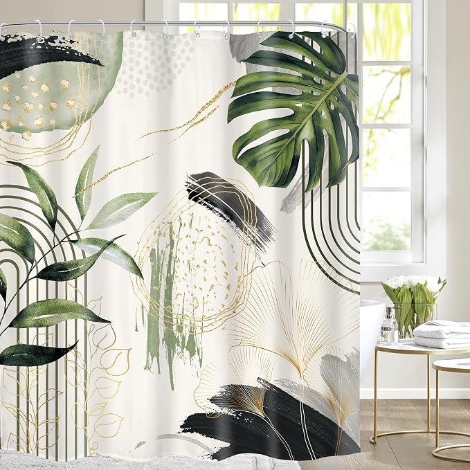 Grey Green Boho Shower Curtain 72Wx78H Long Tropical Palm Leaves Abstract by MitpokBrand