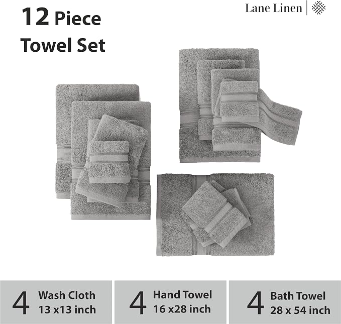 LANE LINEN Bath Towel Set of 12 – Premium 100% Cotton Mercerized, 4 Bath - Image 3