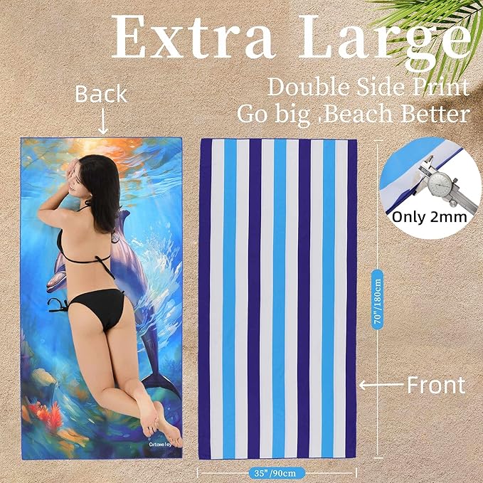 Microfiber Extra Large, Oversized Blue White Striped Beach Towels, - Image 4