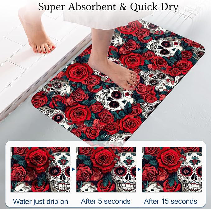 Elightvap Skull Red Rose Bathroom Rugs Mat Non Slip Absorbent Quick Dry Rug - Image 3