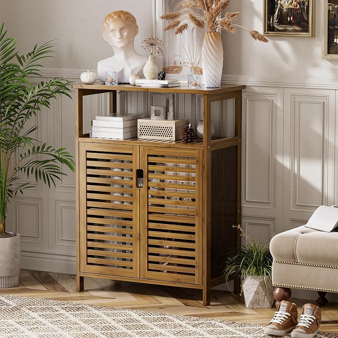 HITNET Walnut Bathroom Floor Cabinet, Bamboo Side Tall Storage Organizer - Image 4