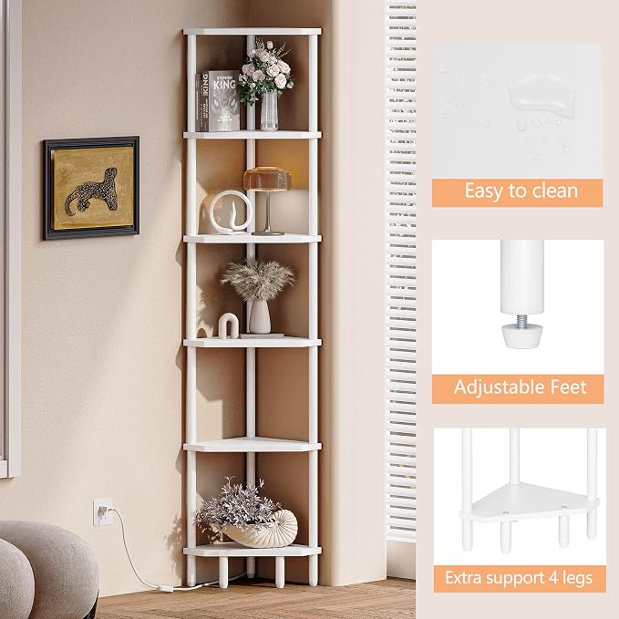 6 Tier Corner Shelf with LED Light, 66.5'' Tall Standing Shelf, Narrow Display - Image 8