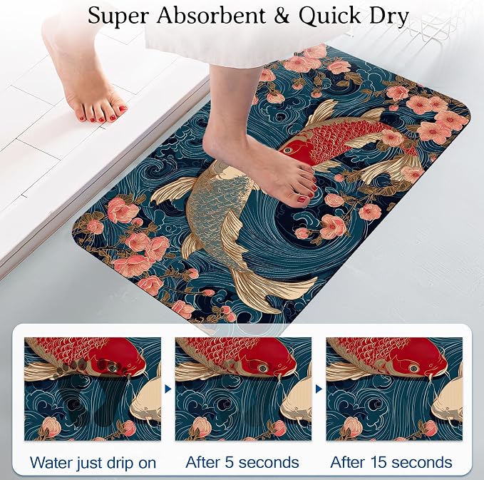 Koi Bath Mat, Japanese Waves Cherry Blossoms Bathroom Rugs, Absorbent Bath Rug - Image 3