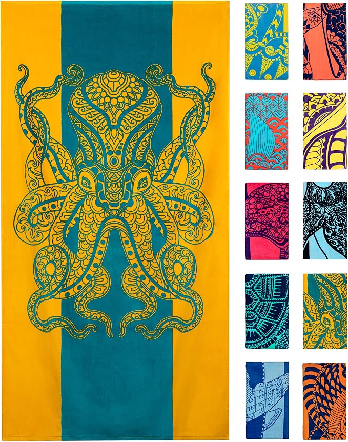 Nova Blue Octopus Beach Towel – Orange & Teal Colorway by NovaBlueBeachAccessories
