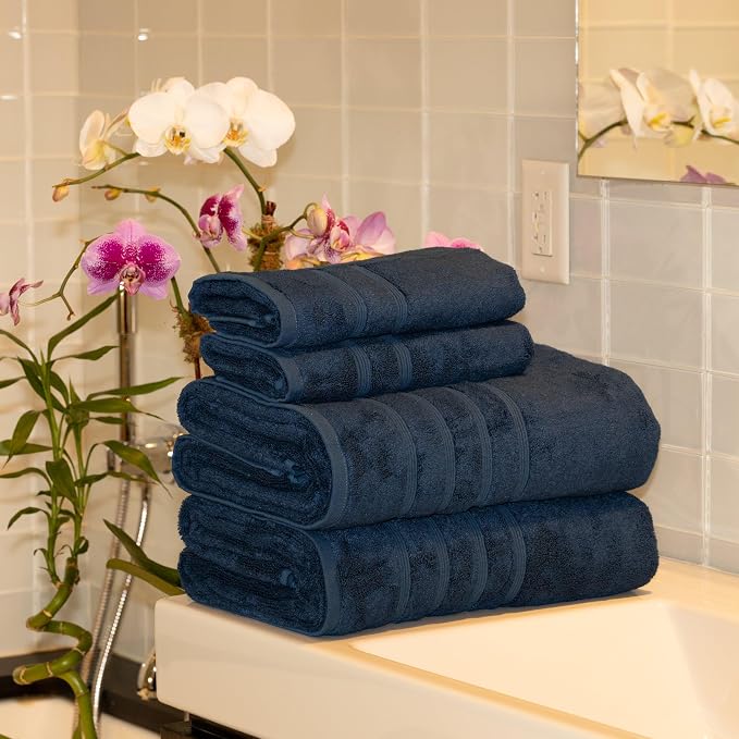 Mosobam Luxury Turkish 4pc XL Towel Set 35X70 16X30 Navy Blue Oversize 700 GSM - Image 2
