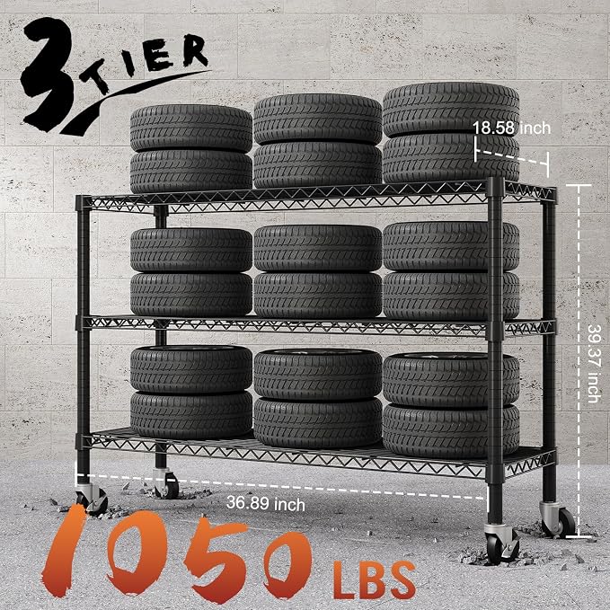 3-Tier Wire Shelving Unit with Wheels, 36.9" W x 18.6" D Heavy Duty Metal - Image 3