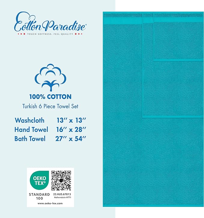 Cotton Paradise 6 Piece Towel Set 100% Cotton Soft Absorbent Turkish Towels - Image 5