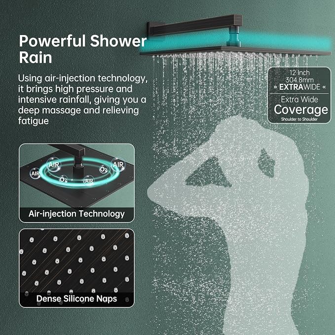 Hoimpro Shower System with Adjustable Slide Bar, 12 Inch Square Rain Shower - Image 4
