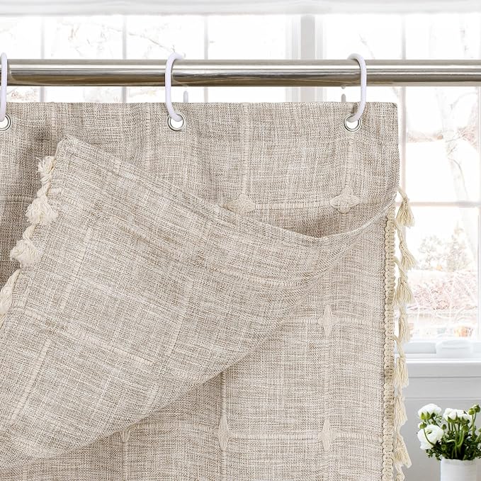 MitoVilla Tan Boho Double Swag Shower Curtain, Polyester Linen Fabric Shower - Image 4