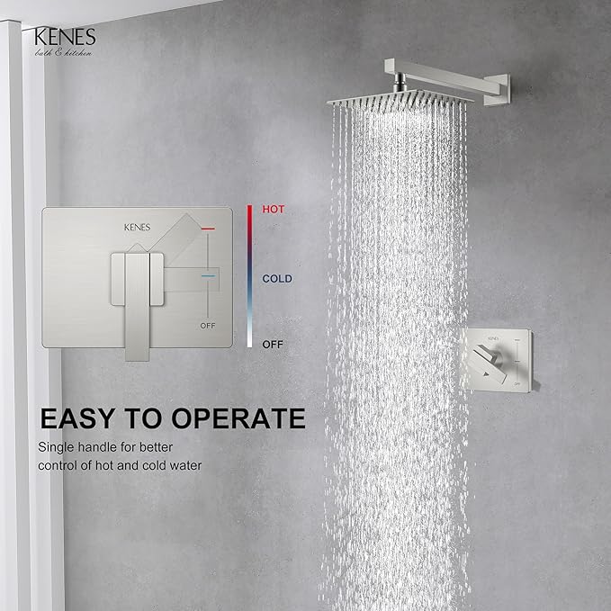 KENES Brushed Nickel 10-Inch Shower Head and Handle Set, Square Shower Faucet - Image 4