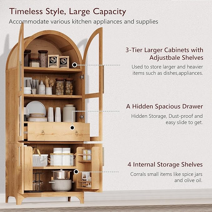 71" Tall Arched Kitchen Pantry, Mid-Century Pantry Cabinet - Image 4