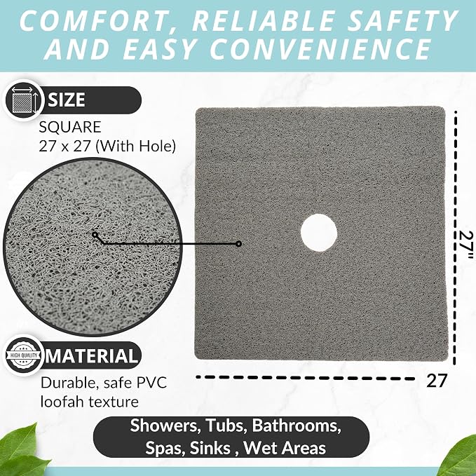 Enkosi Loofah Shower Mat with Drain Hole – Cushioned Anti-Slip Square Bath Mat - Image 3