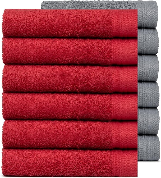 100% Cotton Washcloths Set 13” x 13” | Burgundy & Dark Grey Towels | Set of 12 by Weidemans