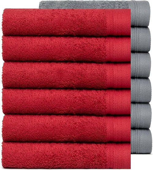 100% Cotton Washcloths Set 13” x 13” | Burgundy & Dark Grey Towels | Set of 12 by Weidemans