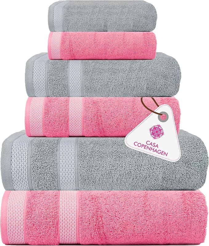 CASA COPENHAGEN Solitaire Mix 6 Pieces Towel Set- Grey Violet + Pink, 600 GSM by CASACOPENHAGEN