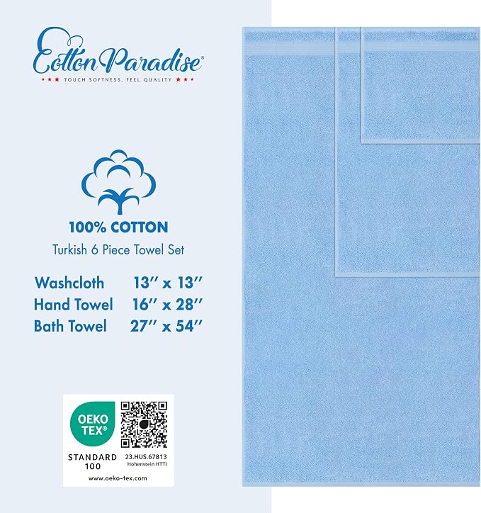 Cotton Paradise 6 Piece Towel Set 100% Cotton Soft Absorbent Turkish Towels - Image 5