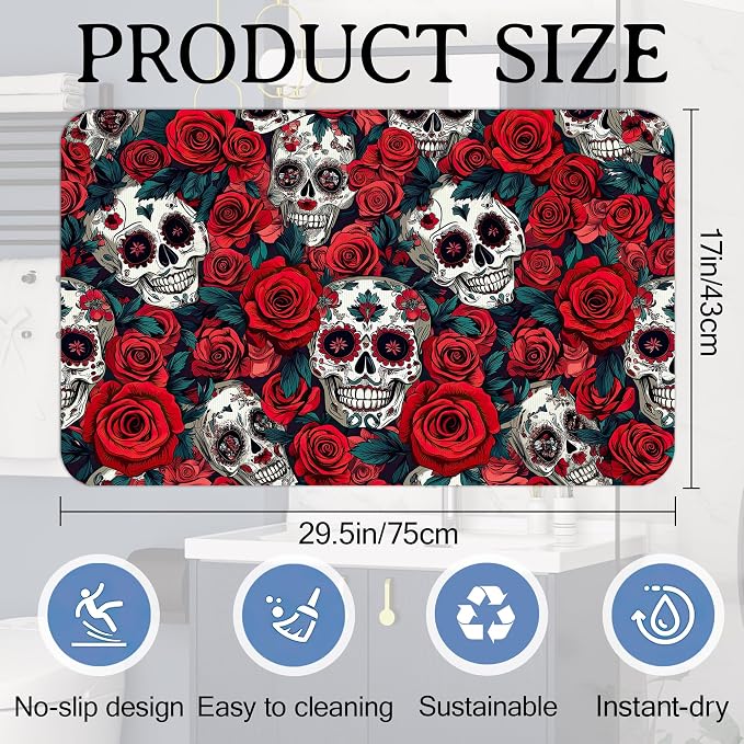 Elightvap Skull Red Rose Bathroom Rugs Mat Non Slip Absorbent Quick Dry Rug - Image 2