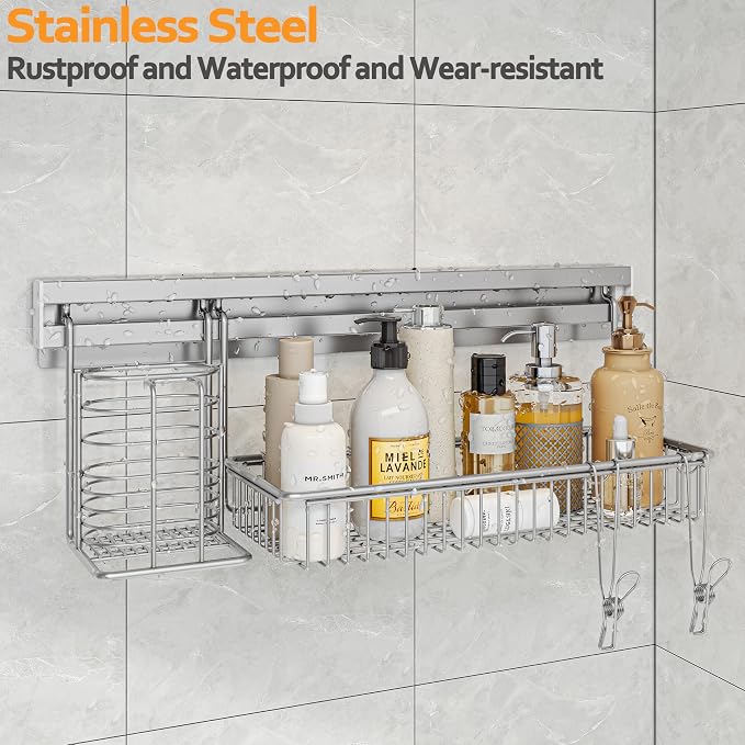 MINGLING Stainless Steel Shower Caddy, 41 cm Wall Back Crossbar Rustproof - Image 7