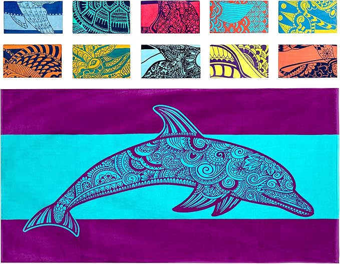 Nova Blue Dolphin Beach Towel – Tropical Blue & Purple Colors by NovaBlueBeachAccessories