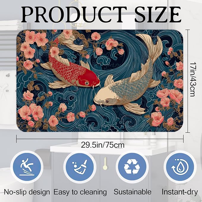 Koi Bath Mat, Japanese Waves Cherry Blossoms Bathroom Rugs, Absorbent Bath Rug - Image 2