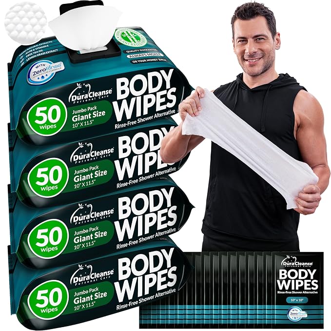 After Gym Body Wipes for Men – 200 XL No Rinse Shower Wipes + 16 Travel Bath by DuraCleanse
