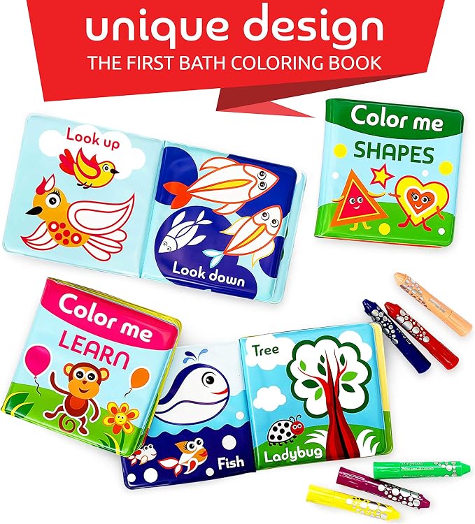 BabyBibi Color Me Bath Books Plus Crayons – Set of 4 Different Books – Includes - Image 3