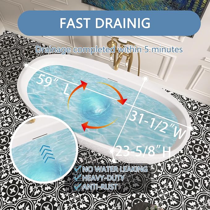 59" Free Standing Tub, Pure Acrylic Freestanding Bathtub, Stylish Stand Alone - Image 5